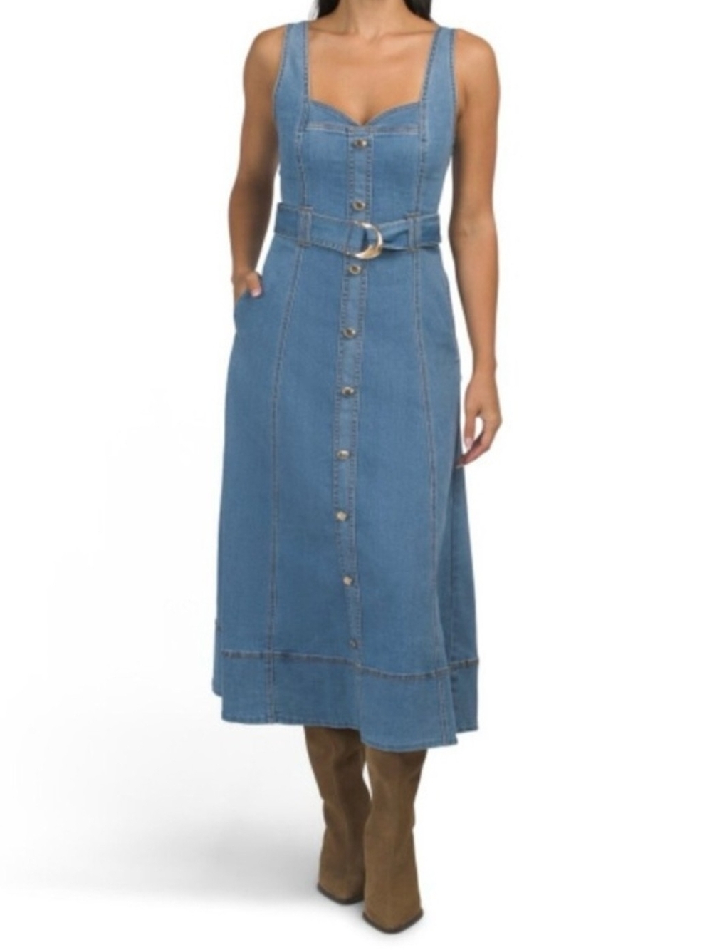 House of Harlow 1960 Blue Denim Button-Front Midi Dress with Belt